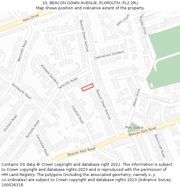 33, BEACON DOWN AVENUE, PLYMOUTH, PL2 2RU: Location map and indicative extent of plot