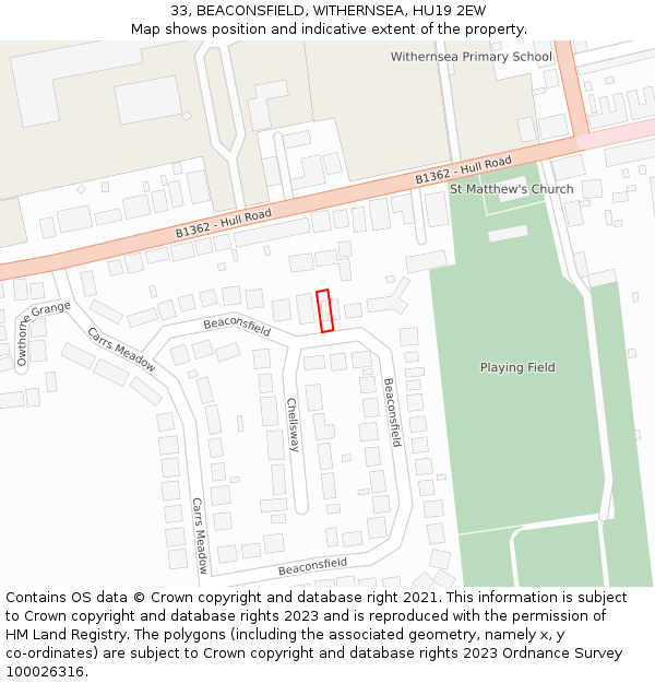 33, BEACONSFIELD, WITHERNSEA, HU19 2EW: Location map and indicative extent of plot