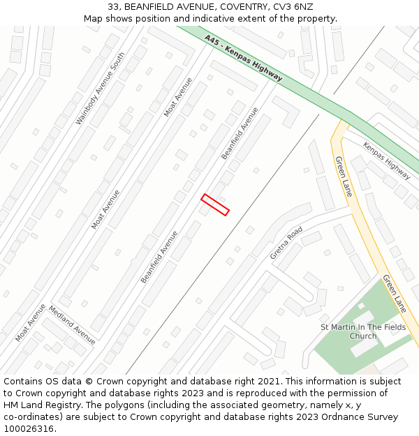 33, BEANFIELD AVENUE, COVENTRY, CV3 6NZ: Location map and indicative extent of plot