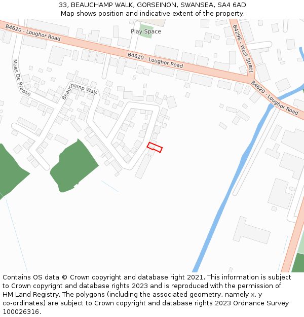 33, BEAUCHAMP WALK, GORSEINON, SWANSEA, SA4 6AD: Location map and indicative extent of plot