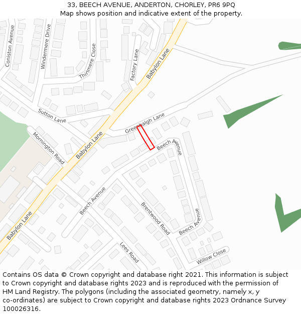33, BEECH AVENUE, ANDERTON, CHORLEY, PR6 9PQ: Location map and indicative extent of plot