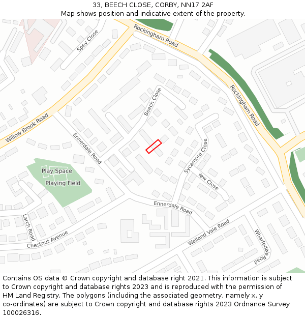 33, BEECH CLOSE, CORBY, NN17 2AF: Location map and indicative extent of plot
