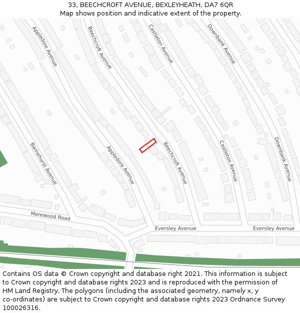 33, BEECHCROFT AVENUE, BEXLEYHEATH, DA7 6QR: Location map and indicative extent of plot