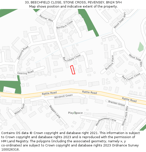 33, BEECHFIELD CLOSE, STONE CROSS, PEVENSEY, BN24 5FH: Location map and indicative extent of plot