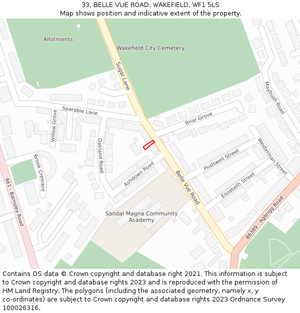 33, BELLE VUE ROAD, WAKEFIELD, WF1 5LS: Location map and indicative extent of plot