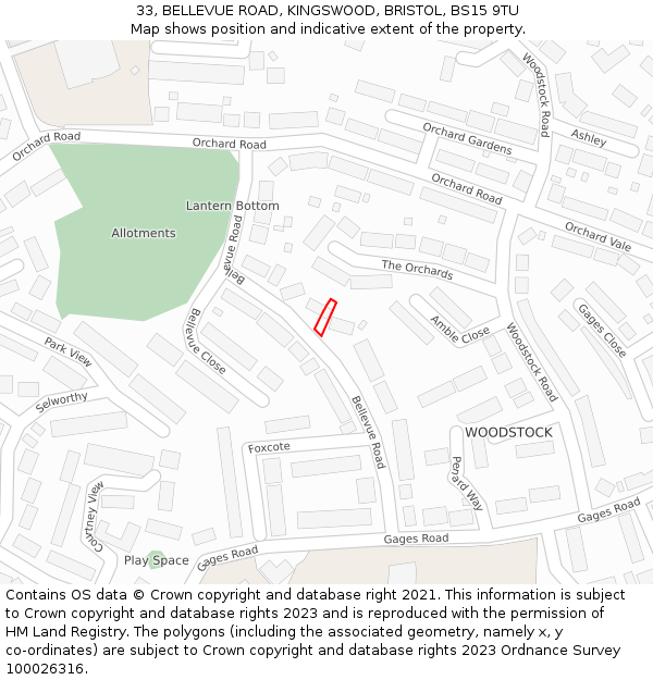 33, BELLEVUE ROAD, KINGSWOOD, BRISTOL, BS15 9TU: Location map and indicative extent of plot