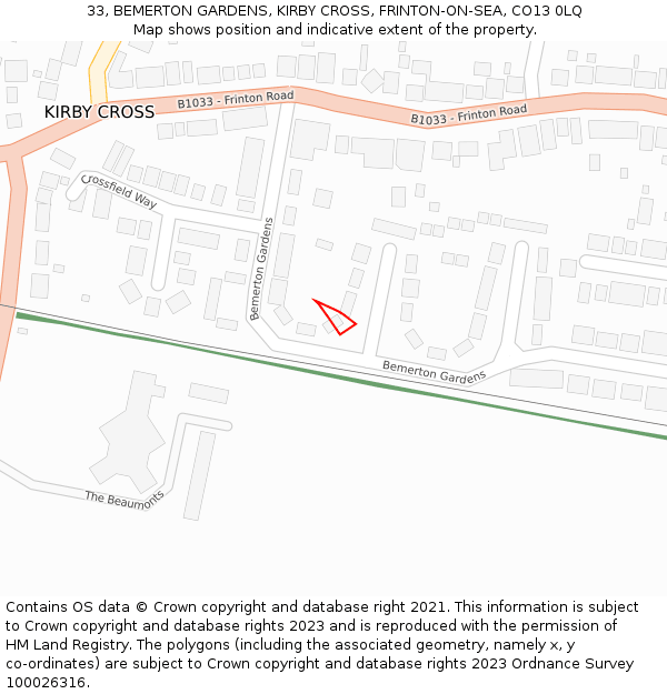 33, BEMERTON GARDENS, KIRBY CROSS, FRINTON-ON-SEA, CO13 0LQ: Location map and indicative extent of plot