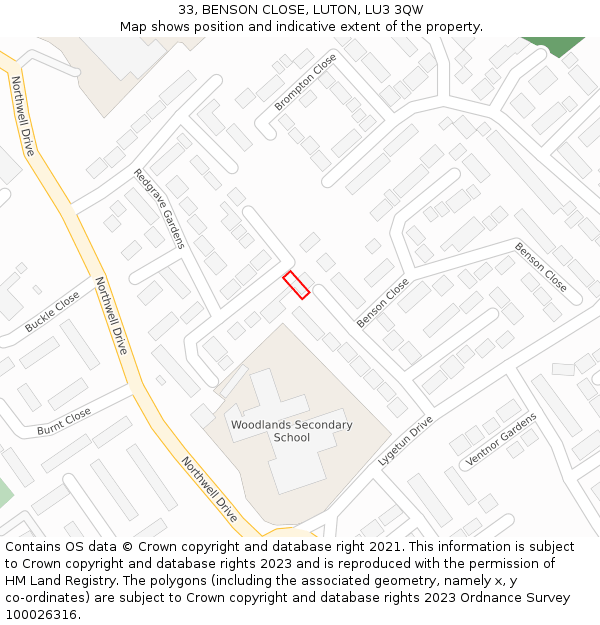 33, BENSON CLOSE, LUTON, LU3 3QW: Location map and indicative extent of plot