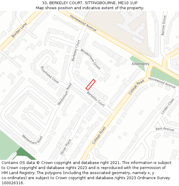 33, BERKELEY COURT, SITTINGBOURNE, ME10 1UP: Location map and indicative extent of plot