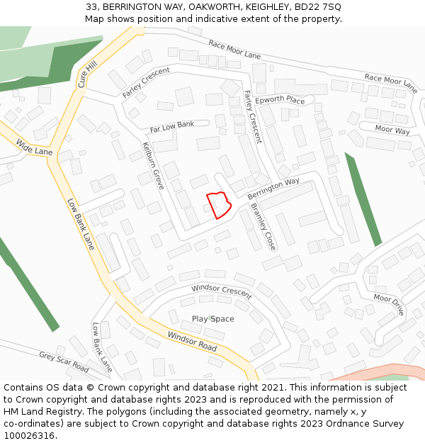 33, BERRINGTON WAY, OAKWORTH, KEIGHLEY, BD22 7SQ: Location map and indicative extent of plot