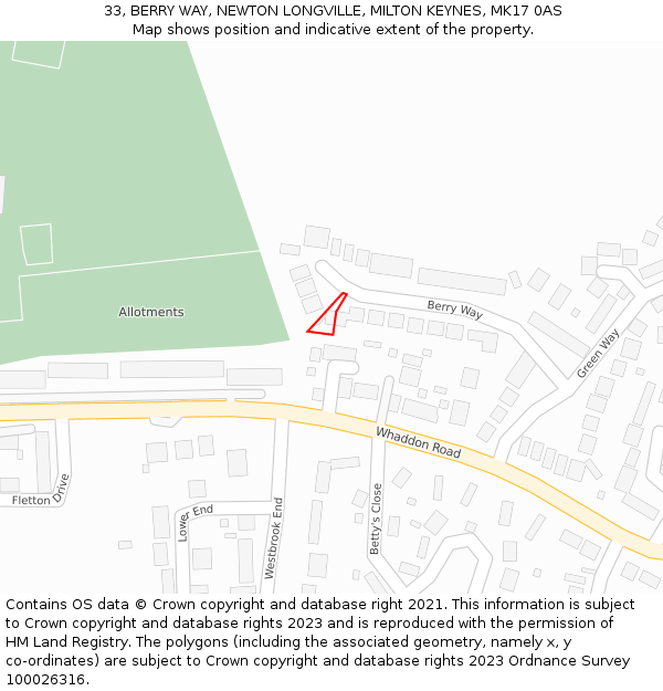 33, BERRY WAY, NEWTON LONGVILLE, MILTON KEYNES, MK17 0AS: Location map and indicative extent of plot