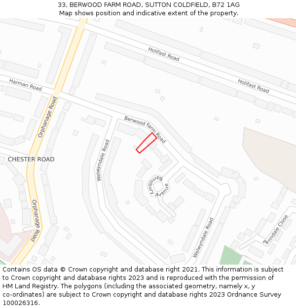 33, BERWOOD FARM ROAD, SUTTON COLDFIELD, B72 1AG: Location map and indicative extent of plot