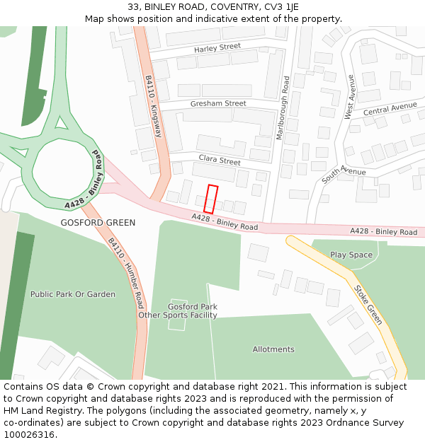 33, BINLEY ROAD, COVENTRY, CV3 1JE: Location map and indicative extent of plot