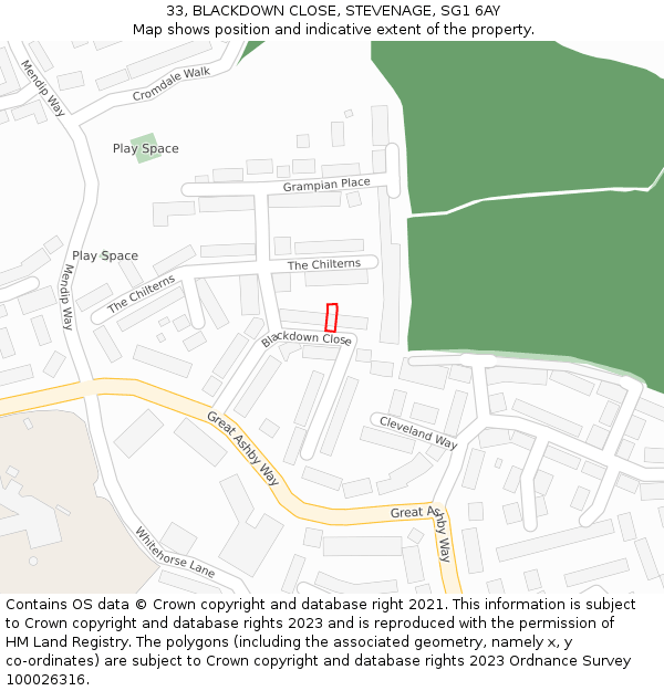 33, BLACKDOWN CLOSE, STEVENAGE, SG1 6AY: Location map and indicative extent of plot