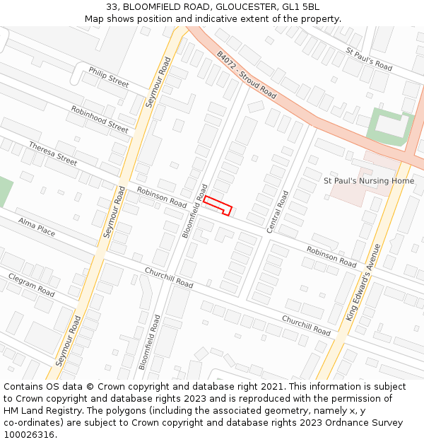 33, BLOOMFIELD ROAD, GLOUCESTER, GL1 5BL: Location map and indicative extent of plot