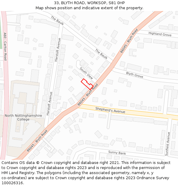 33, BLYTH ROAD, WORKSOP, S81 0HP: Location map and indicative extent of plot