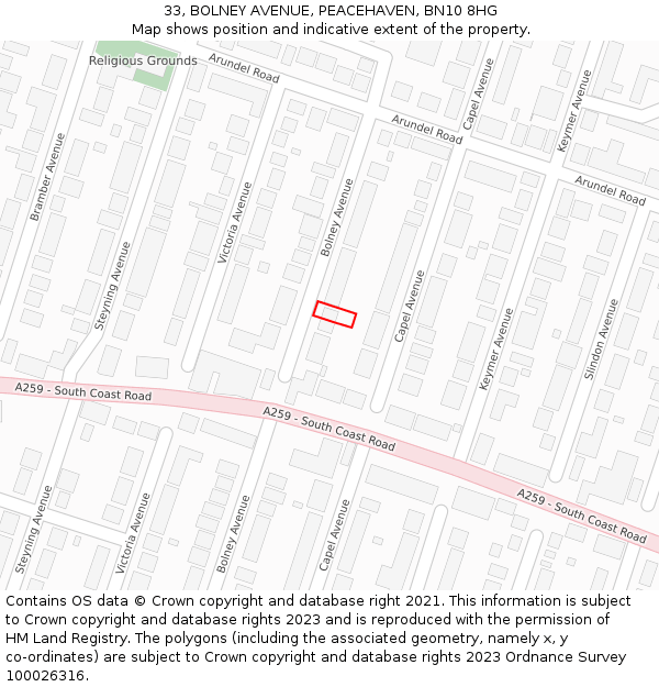 33, BOLNEY AVENUE, PEACEHAVEN, BN10 8HG: Location map and indicative extent of plot