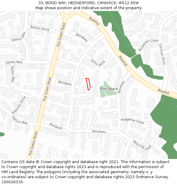 33, BOND WAY, HEDNESFORD, CANNOCK, WS12 4SW: Location map and indicative extent of plot