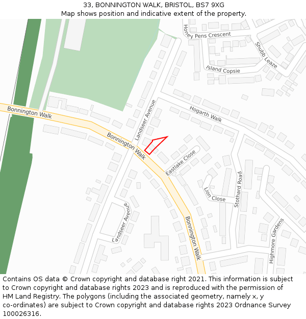 33, BONNINGTON WALK, BRISTOL, BS7 9XG: Location map and indicative extent of plot
