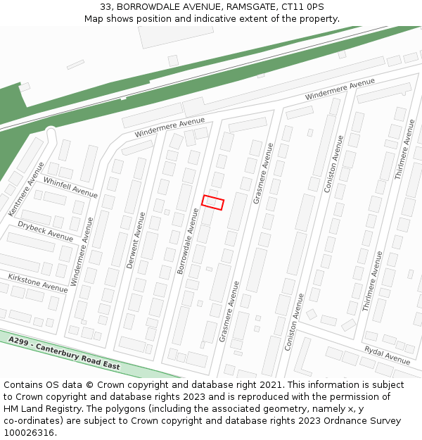 33, BORROWDALE AVENUE, RAMSGATE, CT11 0PS: Location map and indicative extent of plot