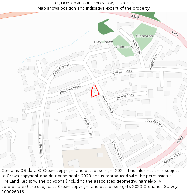 33, BOYD AVENUE, PADSTOW, PL28 8ER: Location map and indicative extent of plot