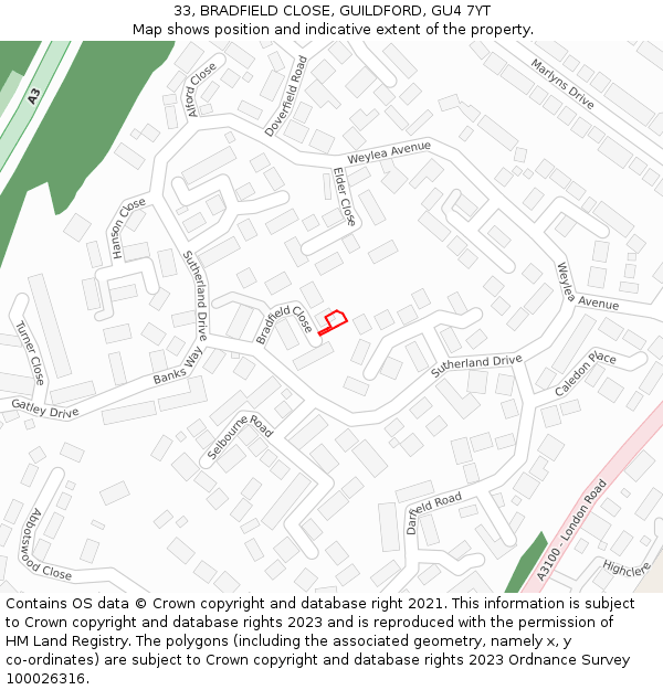 33, BRADFIELD CLOSE, GUILDFORD, GU4 7YT: Location map and indicative extent of plot