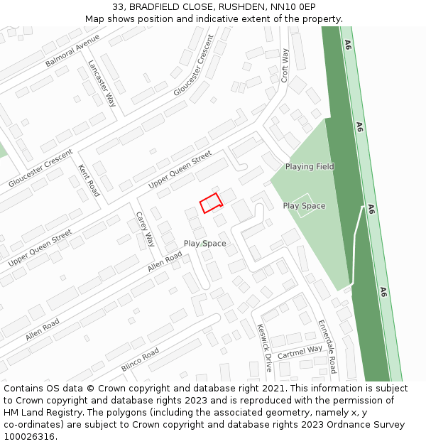 33, BRADFIELD CLOSE, RUSHDEN, NN10 0EP: Location map and indicative extent of plot