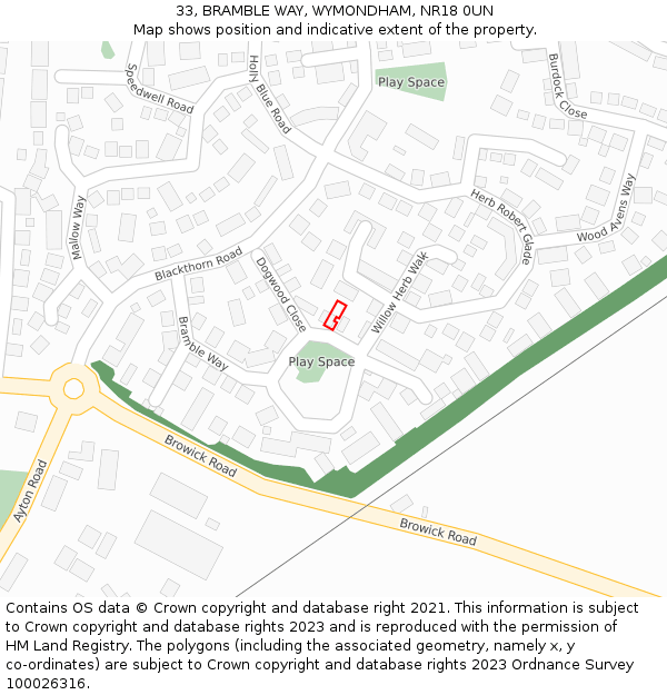 33, BRAMBLE WAY, WYMONDHAM, NR18 0UN: Location map and indicative extent of plot