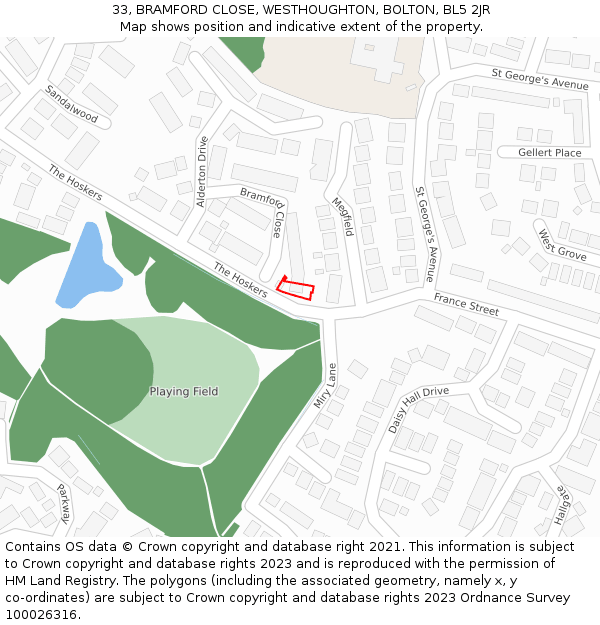 33, BRAMFORD CLOSE, WESTHOUGHTON, BOLTON, BL5 2JR: Location map and indicative extent of plot