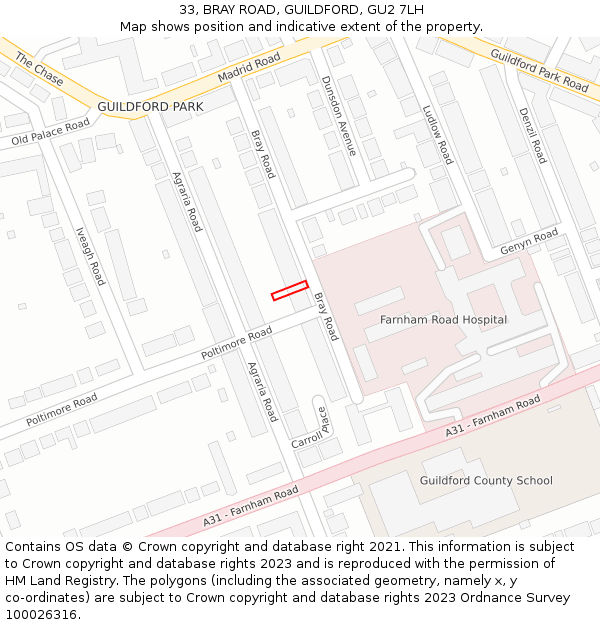 33, BRAY ROAD, GUILDFORD, GU2 7LH: Location map and indicative extent of plot