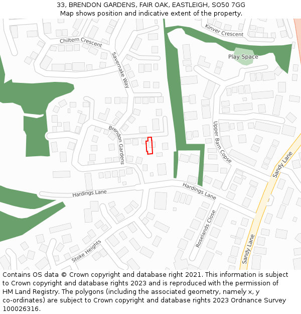 33, BRENDON GARDENS, FAIR OAK, EASTLEIGH, SO50 7GG: Location map and indicative extent of plot