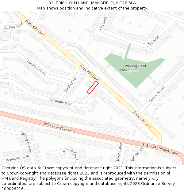 33, BRICK KILN LANE, MANSFIELD, NG18 5LA: Location map and indicative extent of plot