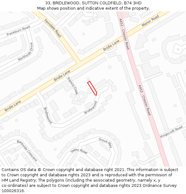 33, BRIDLEWOOD, SUTTON COLDFIELD, B74 3HD: Location map and indicative extent of plot