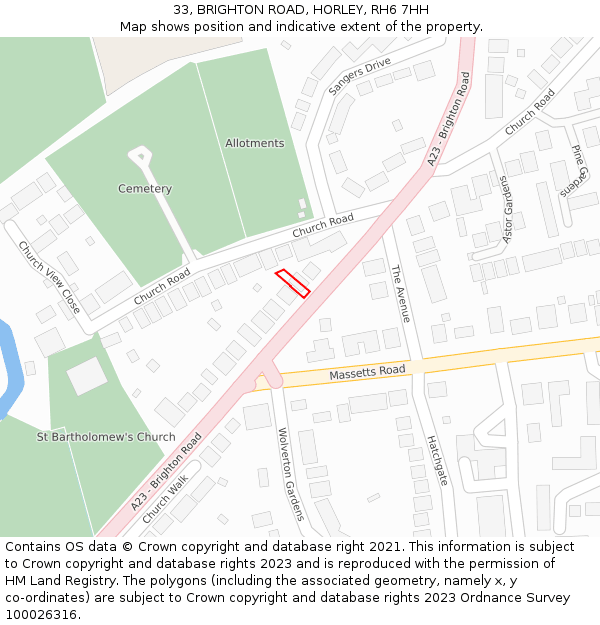 33, BRIGHTON ROAD, HORLEY, RH6 7HH: Location map and indicative extent of plot