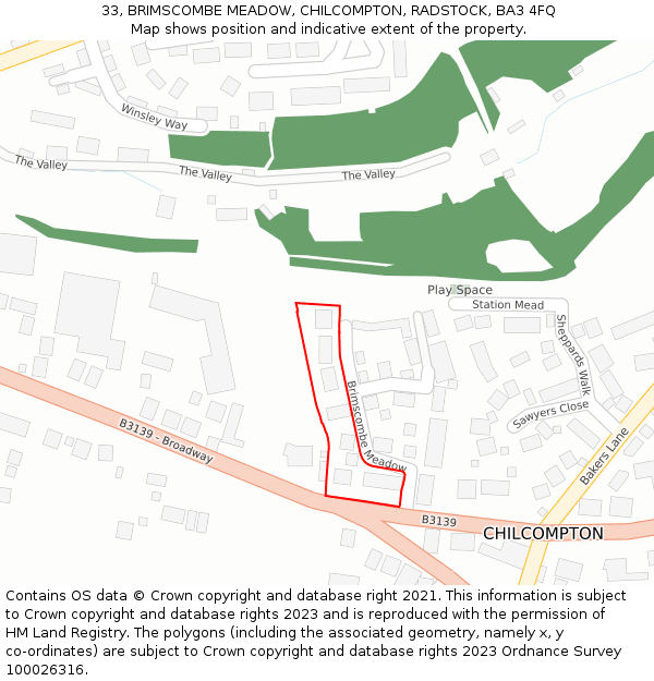 33, BRIMSCOMBE MEADOW, CHILCOMPTON, RADSTOCK, BA3 4FQ: Location map and indicative extent of plot