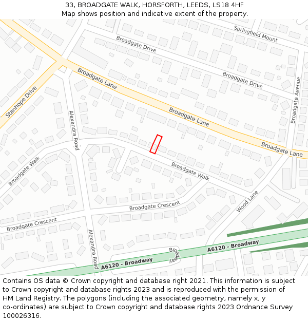 33, BROADGATE WALK, HORSFORTH, LEEDS, LS18 4HF: Location map and indicative extent of plot