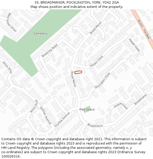 33, BROADMANOR, POCKLINGTON, YORK, YO42 2GA: Location map and indicative extent of plot