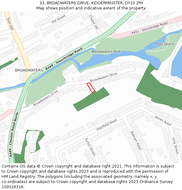 33, BROADWATERS DRIVE, KIDDERMINSTER, DY10 2RY: Location map and indicative extent of plot