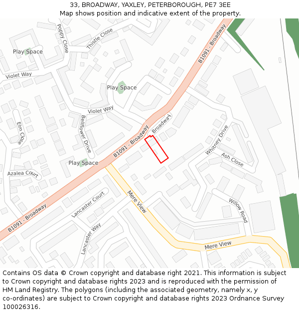 33, BROADWAY, YAXLEY, PETERBOROUGH, PE7 3EE: Location map and indicative extent of plot