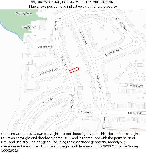 33, BROCKS DRIVE, FAIRLANDS, GUILDFORD, GU3 3NE: Location map and indicative extent of plot