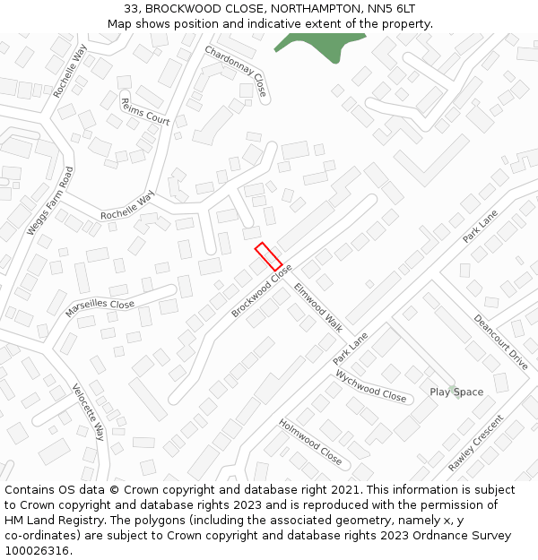 33, BROCKWOOD CLOSE, NORTHAMPTON, NN5 6LT: Location map and indicative extent of plot