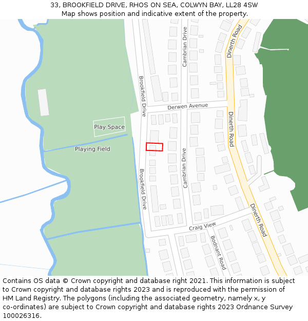 33, BROOKFIELD DRIVE, RHOS ON SEA, COLWYN BAY, LL28 4SW: Location map and indicative extent of plot