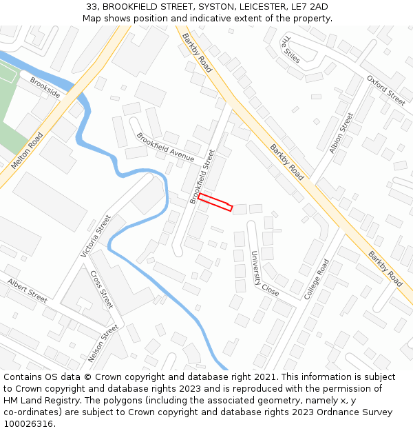 33, BROOKFIELD STREET, SYSTON, LEICESTER, LE7 2AD: Location map and indicative extent of plot