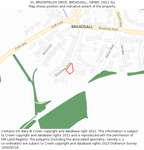 33, BROOKFIELDS DRIVE, BREADSALL, DERBY, DE21 5LJ: Location map and indicative extent of plot