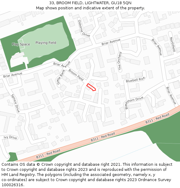 33, BROOM FIELD, LIGHTWATER, GU18 5QN: Location map and indicative extent of plot