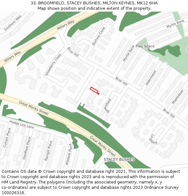 33, BROOMFIELD, STACEY BUSHES, MILTON KEYNES, MK12 6HA: Location map and indicative extent of plot