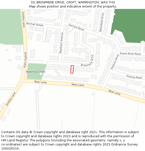33, BROWMERE DRIVE, CROFT, WARRINGTON, WA3 7HS: Location map and indicative extent of plot