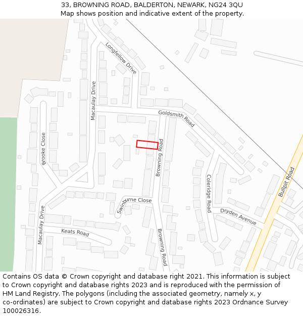 33, BROWNING ROAD, BALDERTON, NEWARK, NG24 3QU: Location map and indicative extent of plot