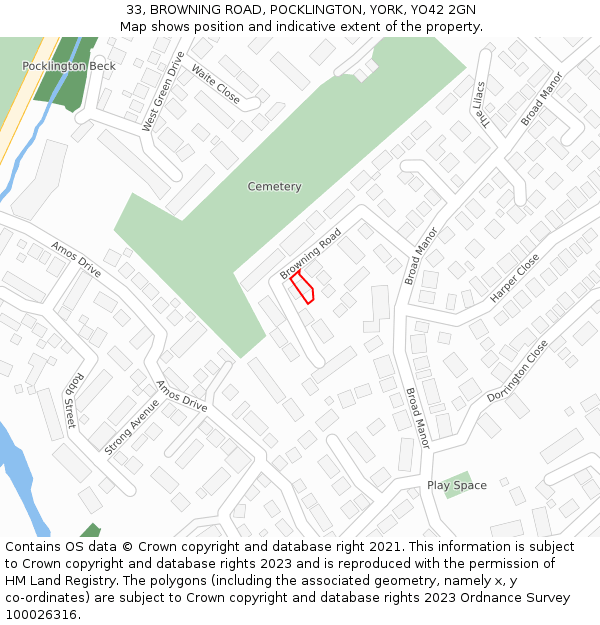 33, BROWNING ROAD, POCKLINGTON, YORK, YO42 2GN: Location map and indicative extent of plot