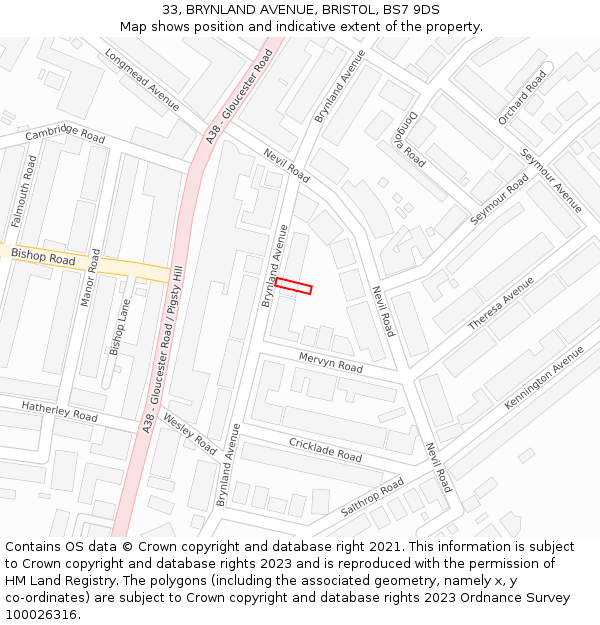 33, BRYNLAND AVENUE, BRISTOL, BS7 9DS: Location map and indicative extent of plot